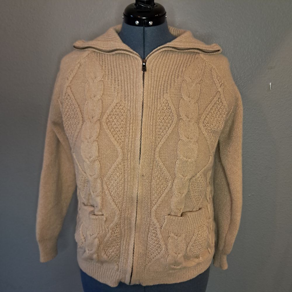 Woven Heart Women's Cable Knit Zip Sweater Tan Small‎ Cozy Fleece Lined Cardigan